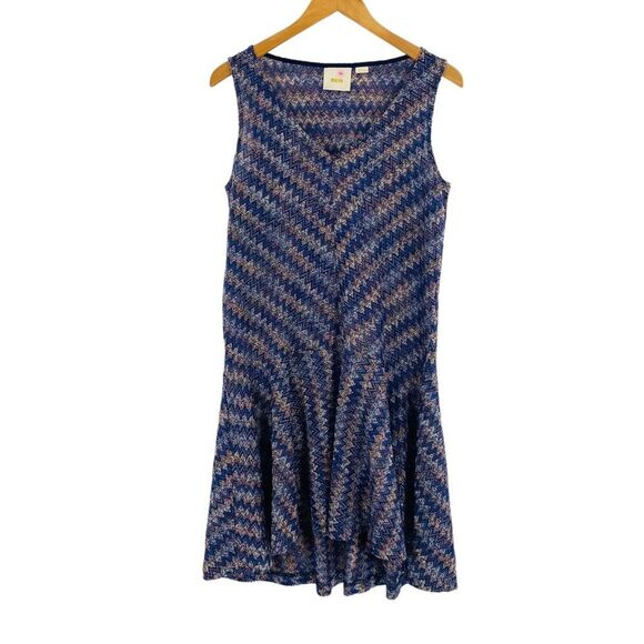 Anthropologie Maeve Drop Waist Zig Zag Swing‎ Dress Size S Dark Blue Multicolor - Picture 2 of 12